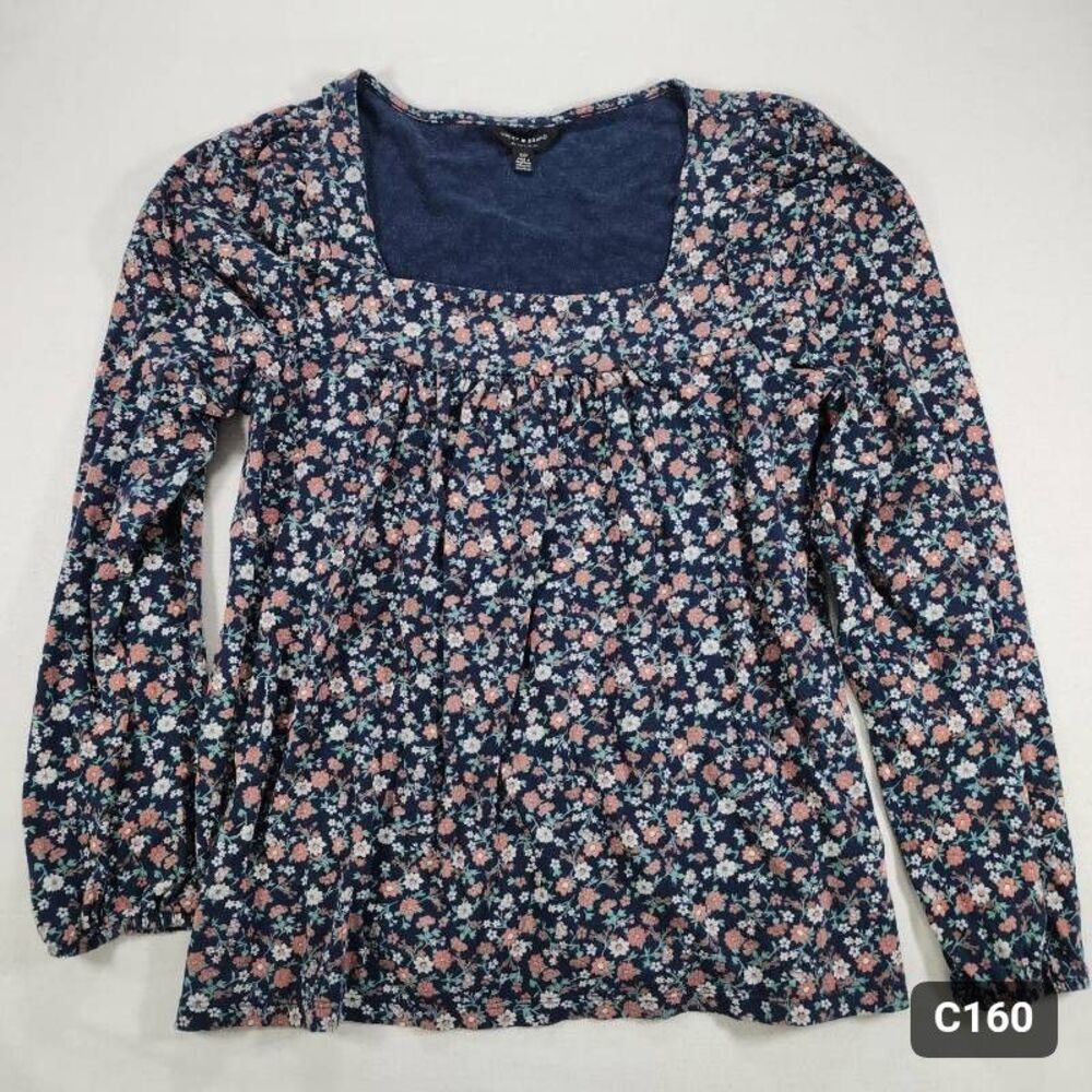Lucky Brand Boho Blouse Size S/P Navy Blue with Floral Cotton Blend Women's Good